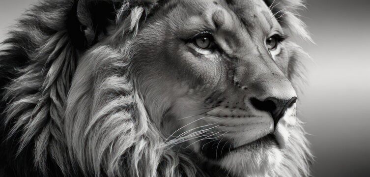 a close up of a lion's face with a black and white photo of the lion's head.