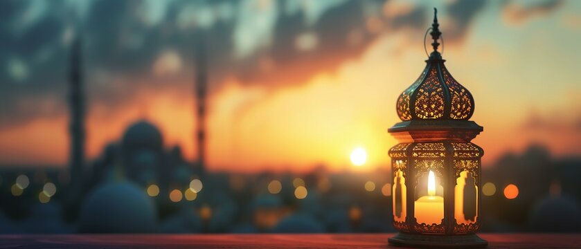 arabic lantern with background mosque after sunset