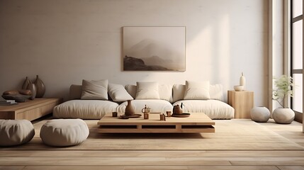 Fototapeta na wymiar A minimalist living area with floor cushions arranged around a low-profile coffee table