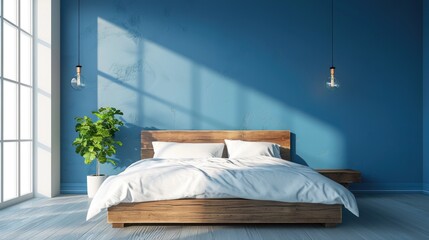 Stylish interior of the comfortable wooden bedroom with a white blanket and pillows with blue wall. minimalist Scandinavian bedroom