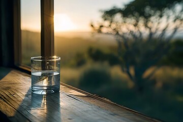 a glass of water sitting on top of a wooden table