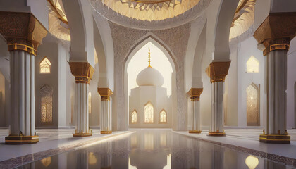 white mosque interior, modern interior 3d renderer