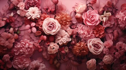 Beautiful delicate flowers on a pink background. Abstract layout of a color frame with space for text. An invitation to a wedding. The concept of International Women's Day, Mother's Day.