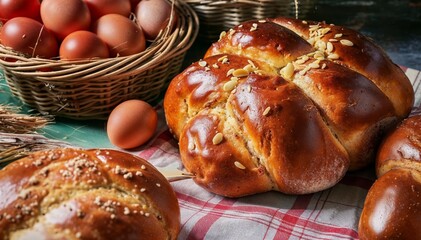 Obraz na płótnie Canvas Easter bread tsoureki on table, closeup view. Sweet braided bun