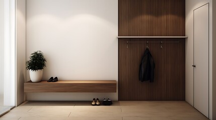 A minimalist entryway with a sleek shoe cabinet hidden within the wall