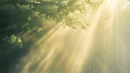 A magical display of golden sunlight streaming through tree branches, illuminating floating dust particles in the air.