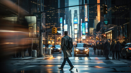 A man walking down a city street at night. Generative AI.