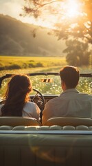 Couple in convertible car at sunset. Generative AI.