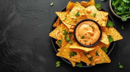 
Nachos with cheese sauce in bowl on black background.