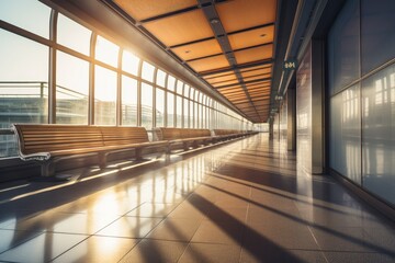 Empty airport terminal with benches and windows. Generative AI.