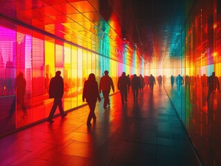 People walking through a colorful hallway with colorful lights. Generative AI.