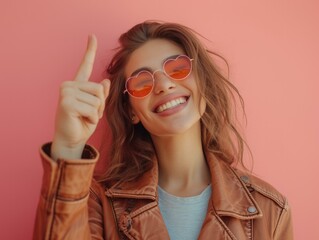 A woman in sunglasses and a leather jacket pointing up. Generative AI.