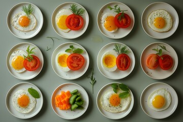 plates with food vegetables and eggs 