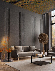 Modern dark home interior background, wall mock up, 3d render	