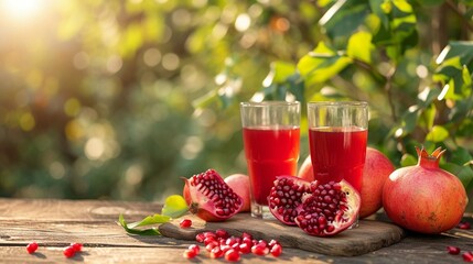 
Pomegranate juice and ripe fruits on wooden table in garden