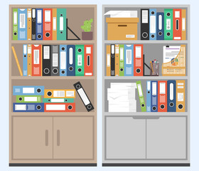 Office cupboards with many file folders and file binder inside, Document file in shelf, Office filing cabinet, File archive storage box.