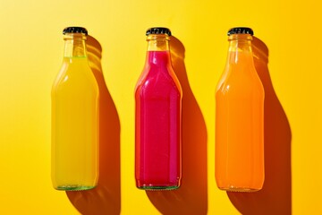 three juice bottles with different flavors on a yellow background