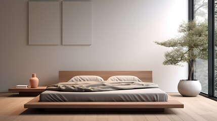 A minimalist bedroom with a low-profile platform bed and floor cushions for a serene atmosphere