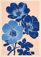 Generative AI image of flowers in blue on a pastel white background