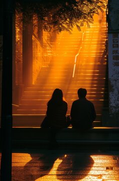 Two People Sit In Shadow At The Corner Of Stairs At Dusk In A City 