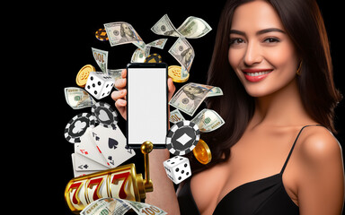 asian sexy woman hold mobile phone and money, casino online