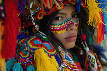 Vivid Portrait of a Woman in Traditional Native American Regalia with Face Paint