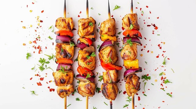 
Tasty grilled chicken skewer with vegetables on wooden sticks isolated on white background, top view.