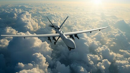 
Unmanned military drone flying in the sky above the clouds, American technology. 