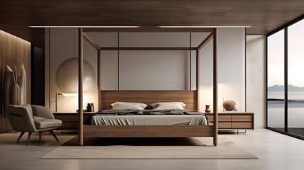 A minimalist bedroom with a canopy bed and sleek, wall-mounted nightstands