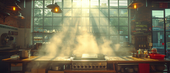 a large kitchen with a stove and a lot of smoke