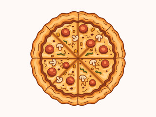 Pizza illustration clip art collection featuring a tantalizing top view of a pizza adorned with savory toppings, as well as a mouthwatering illustration of pizza in a box. 