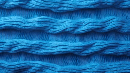 The texture of the knitted fabric. The yarn is blue in color. Close-up of the rows and patterns of the knitted product.