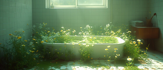 a bathtub in the middle of a bathroom with flowers growing out of it