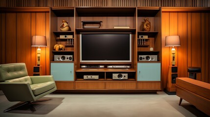 A mid-century modern media room with built-in cabinets hiding electronic equipment