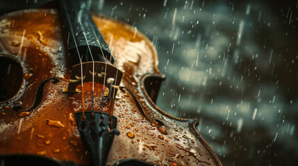 Violin in the rain. Classical musical instrument