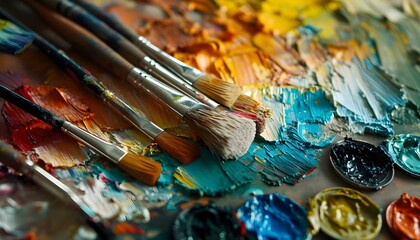 Obraz premium a close up of paint and brushes on a table