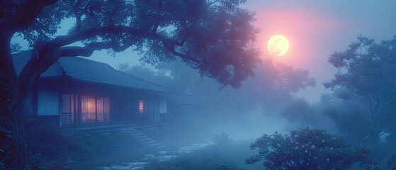 a house in the fog with a bright sun in the background