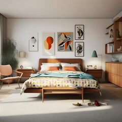 A mid-century modern bedroom with hidden storage, featuring retro furniture and bold patterns