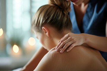 Professional masseuse providing relaxing shoulder massage. Wellness and healthcare.