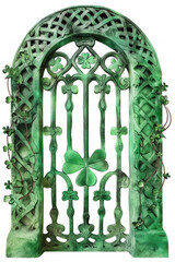 Intricately Carved Green Gate with Shamrock Clover for St. Patrick's Day, Isolated on White