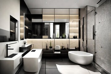 Ultra-compact bathroom with distinct wet and dry zones, showcasing a modern, minimalist, and unique design style. Cream Black color design