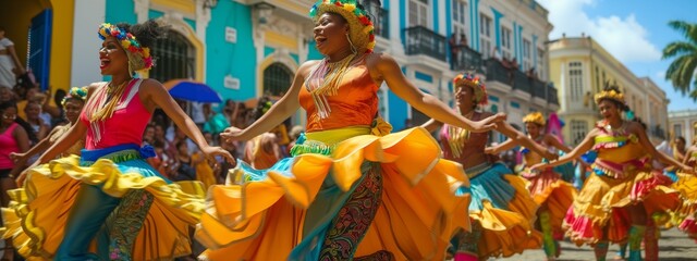 Vibrant Frevo dancers in colorful attire radiate joy at a lively street carnival in Recife,...