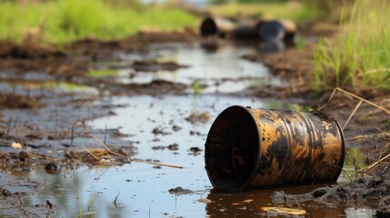 Rusty barrel spilling oil waste into a wetland, highlighting urgent environmental concerns and the impact of industrial pollution on natural ecosystems.