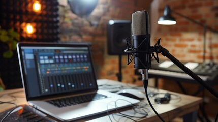 Professional podcast setup featuring a studio microphone and laptop with editing software, enveloped in warm ambient light, perfect for content creation.