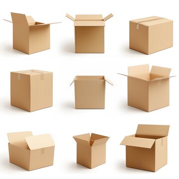 Set of cardboard boxes displayed in various stages from closed to open, demonstrating the functionality and simplicity of packaging solutions.