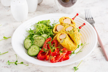 Ketogenic breakfast. Omelette with sausage. Sausage roll in omelette with lavash. Keto, ketogenic lunch. 