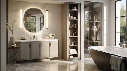 Fototapeta na wymiar A luxurious bathroom with a vanity mirror cabinet that opens to reveal extra storage