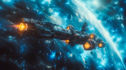 Spaceship Traveling Through a Starry Nebula