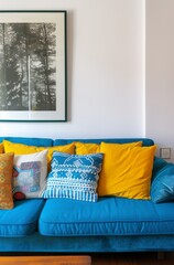 a living room with a white wall and blue sofa