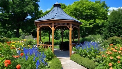 gazebo in a garden with flowers